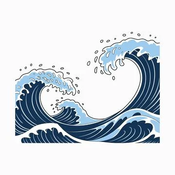 Stylized ocean waves blue water swells with foam on a plain white background イラスト素材