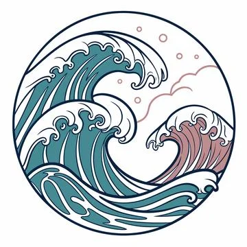 Stylized Ocean Waves in Circular Frame Vector Art Stock Illustration