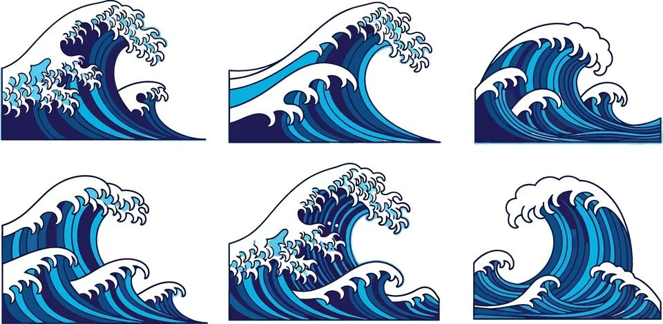 Stylized Ocean Waves Collection: Dynamic Blue Water Swells with White Foam Stock Illustration