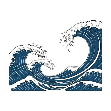 Stylized ocean waves with dark blue water and white foam crests on white ba.. Stock Illustration
