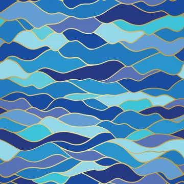 Stylized ocean waves with gold lining seamless vector pattern Stock Illustration