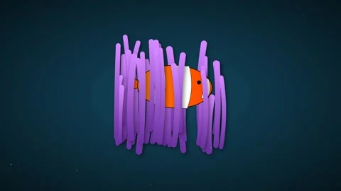 Stylized Orange and White Clownfish Navigating Swaying Anemone Tentacles in.. Видео 346202192