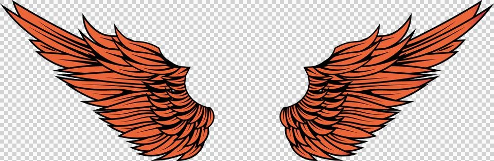 Stylized orange wings lifting in flat style with feathers black outline on Ilustração Stock