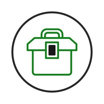 Stylized outline of a tool box icon set within a circle with a white backgr.. Illustrazione stock