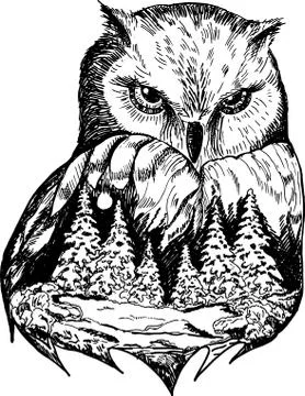 Stylized owl with nature landscape, vector ink hand drawn illustration Stock Illustration