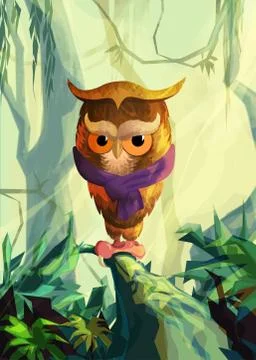 Stylized owl painted on the background of Forest Illustrazione stock