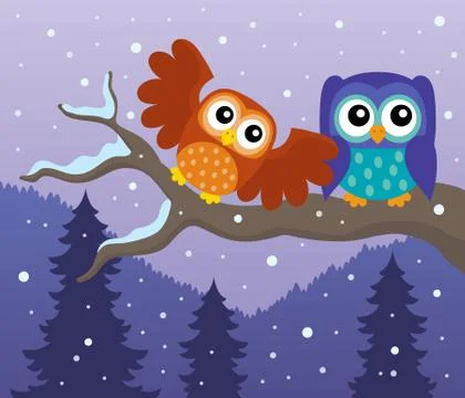 Stylized owls on branch theme image Illustrazione stock