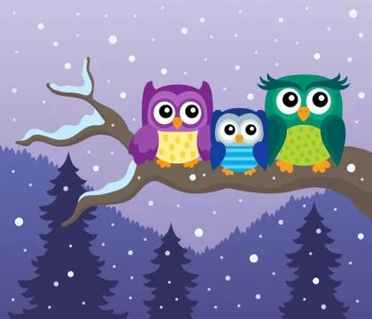Stylized owls on branch theme image Stock Illustration