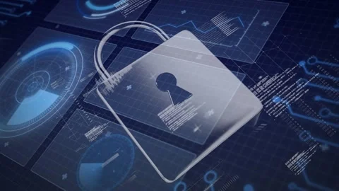 Stylized padlock transforming from flat plate into locked form after radar Stock Footage 329433683