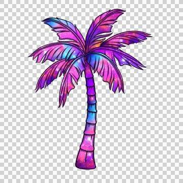 Stylized palm tree is glowing with galaxy-themed colors and star speckles on Stock Illustration
