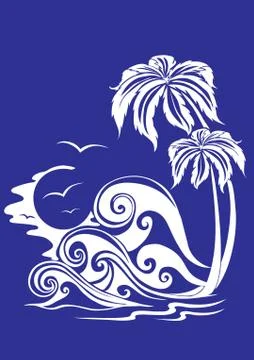 Stylized palm trees with waves and the background of the stylized sun in whit Stock-Illustration