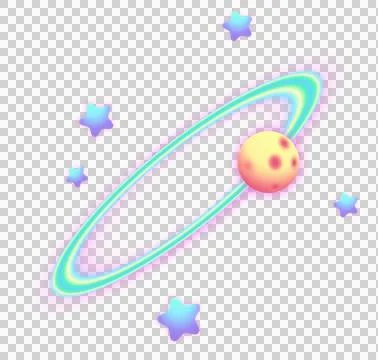 Stylized pastel-ringed planet is floating in flat design with star shapes, Stock Illustration