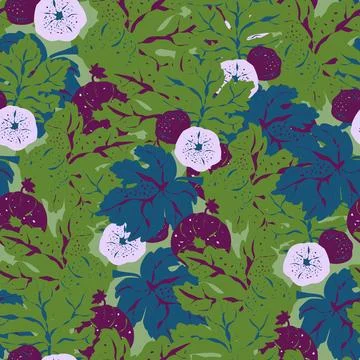 Stylized pattern with figs and leaves, inspired by natural forms. Ideal for t 스톡 일러스트
