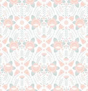 Stylized pattern, folk art, floral ornament in red and green colors. Symmetrical Stock Illustration