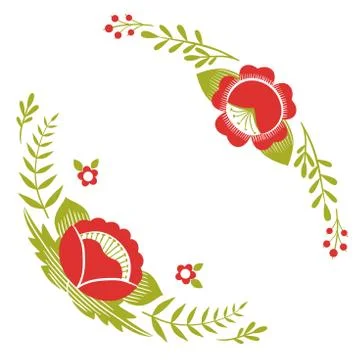 Stylized pattern, folk art, floral ornament in red and green colors. Symmetrical Stock Illustration