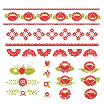 Stylized pattern, folk art, floral ornament in red and green colors. Symmetrical Stock Illustration
