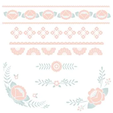 Stylized pattern, folk art, floral ornament in pink and blue colors. Symmetrical Illustrazione stock