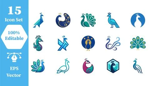 Stylized peacock icon collection in blue geometric styles with wildlife Stock Illustration
