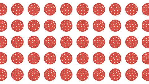 Stylized pepperoni slice pattern featuring red circles with white spots on .. 库存插图
