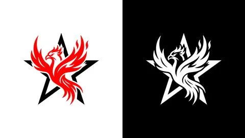 Stylized phoenix fire bird logo design with star element vector illustration Illustrazione stock