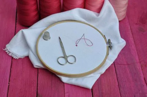 Stylized photo of objects for needlework in purple tones Foto stock