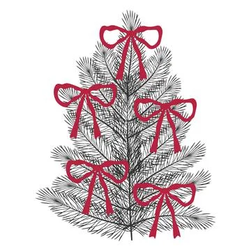 Stylized pine Christmas tree with red bows, hand-drawn vector for holiday a.. Illustrazione stock