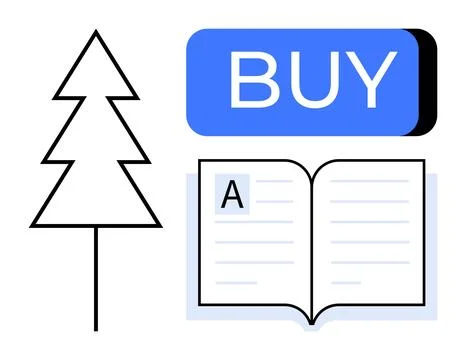 Stylized pine tree, open book with letter A, and bold blue BUY button. Ideal  Stock Illustration