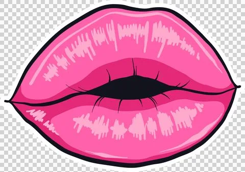 Stylized pink lips glowing with glossy shine and bold outline, floating on イラスト素材