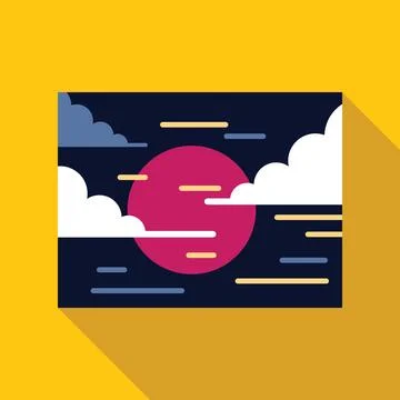 Stylized pink sun setting behind clouds in minimalist landscape painting Stock Illustration