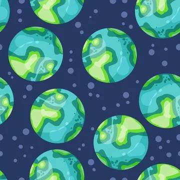 Stylized planets Earth abstract seamless space pattern background. Solar syst Illustrazione stock