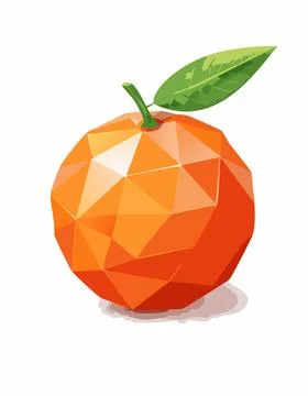A stylized polygonal orange with sharp triangular facets and green leaf. Cl.. Stockillustratie