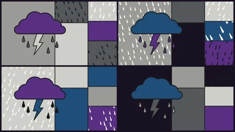 Stylized pop-art storm clouds with changing colors, falling rain, and flashing Stock Footage 347405232