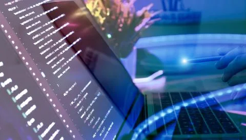 Stylized programming scene with digital overlay Stock Photos