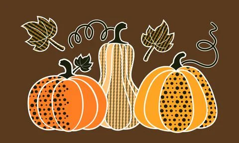 Stylized pumpkins with pattern and decorative leaves cozy autumn vector ill.. Stock Illustration