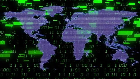 Stylized purple world map glitching as green binary surge triggers bars, Stock Footage 324536856