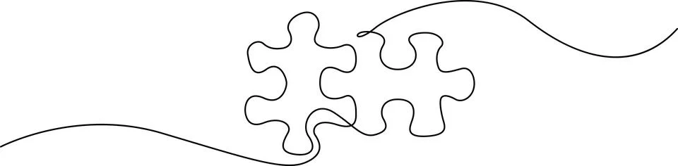 A stylized puzzle piece set connected by a flowing, wavy line on a plain ba.. Stock Illustration