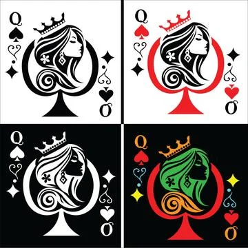 Stylized queen of spades playing card icons for casino game Stock Illustration
