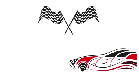 Stylized racing car and checkered flags Stock Footage 146972057