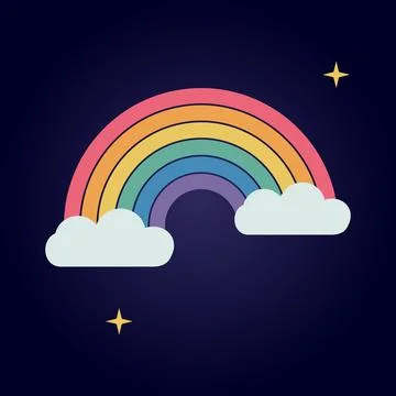 Stylized rainbow vector illustration with fluffy white clouds on dark blue .. Иллюстрация