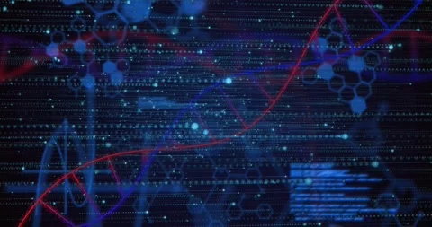 Stylized red-blue DNA helix rotating over data streams with glowing particles Stock Footage 326762169