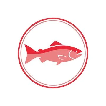 (Stylized Red Fish Circle Emblem. Vibrant crimson aquatic creature illustra.. Stock Illustration