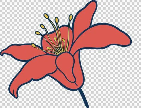 Stylized red flower flat design is showing petals with yellow stamens on Stock Illustration