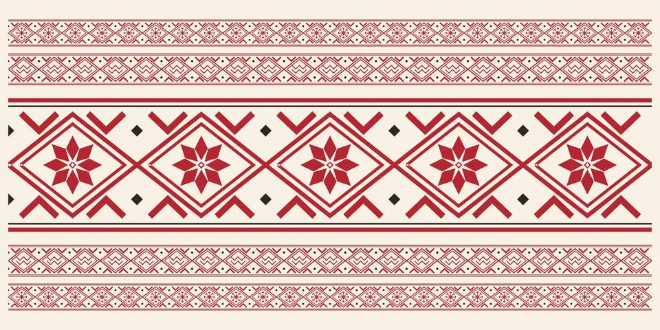 Stylized red flowers and angular ornaments repeat in organized horizontal r.. Ilustração Stock