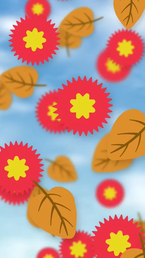 Stylized Red Flowers and Brown Leaves Falling Against Blue Sky Stock Footage 344714564