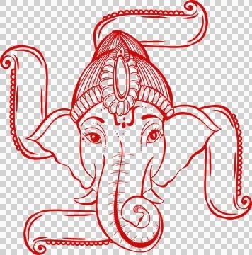 Stylized red line art elephant head is showing ornate crown curving lines on Stock Illustration