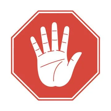 A stylized red octagonal stop sign graphic featuring a white hand silhouett.. Stock Illustration
