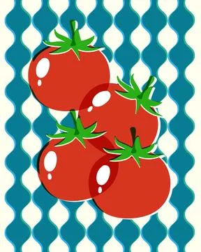 Stylized red tomatoes with green stems over blue geometric patterns in a vint Stock Illustration