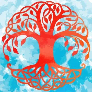 Stylized red tree with twisting branches on colorful sky background Ilustración de archivo