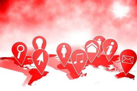 Stylized red world map is glowing with nine icon pins over smoky gradient in Illustrazione stock