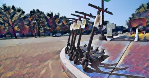 Stylized rentable electric scooters in on corner, Washington D.C. Stock Footage 138828939